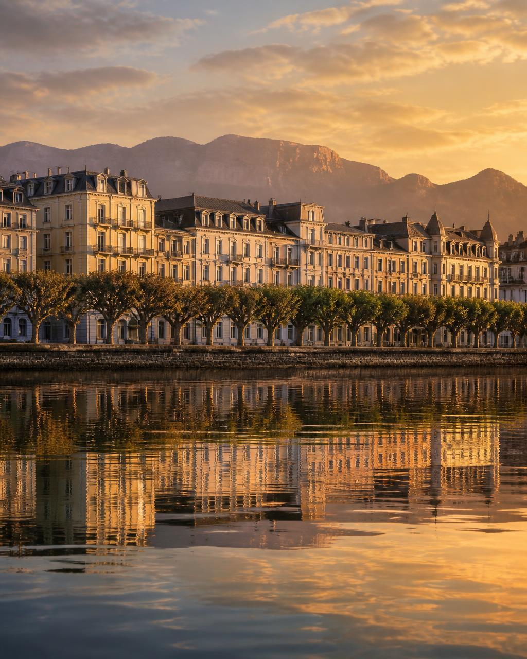 Les façades Belle Époque et la promenade plantée d'Aix-les-Bains vues depuis le lac au coucher du soleil