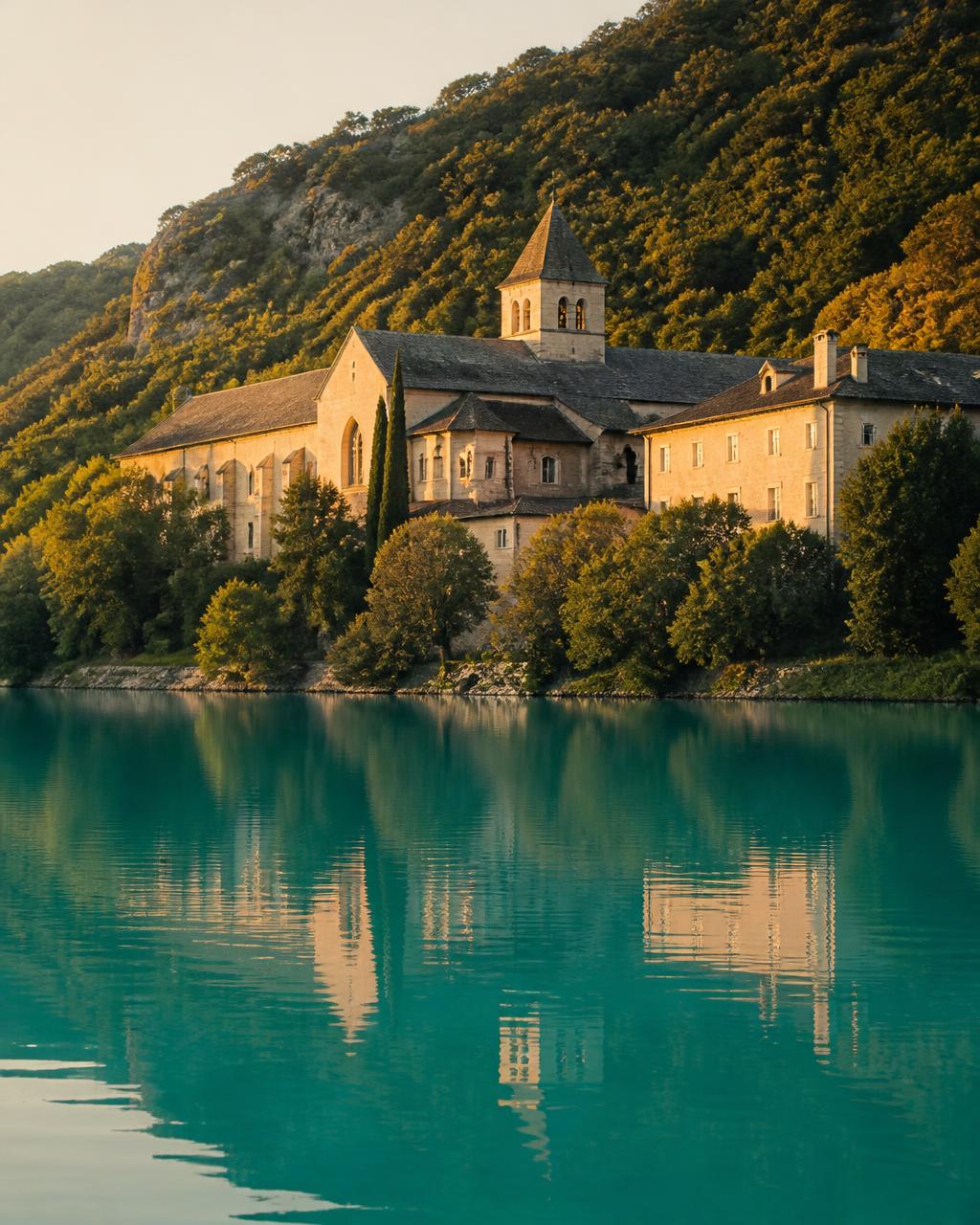 L'abbaye de Hautecombe et sa colline boisée reflétées dans l'eau turquoise du lac